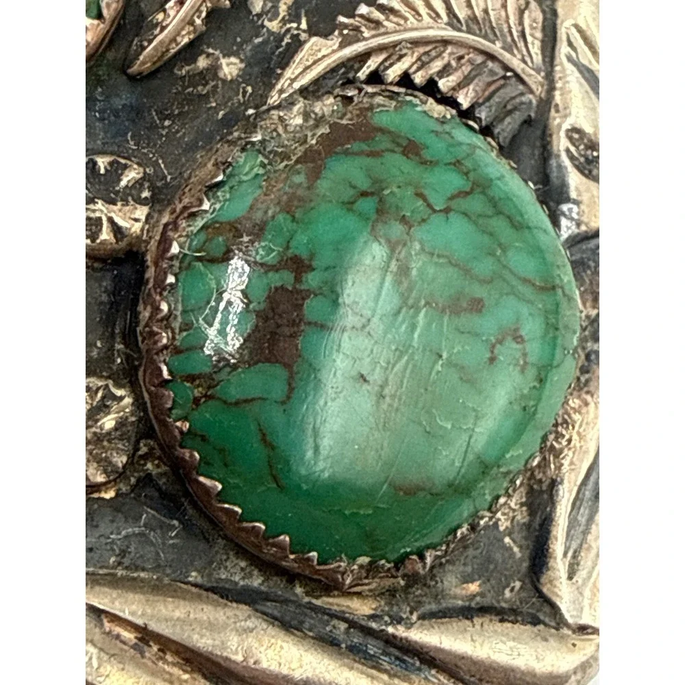 Vintage Sterling  Navajo Style Turquoise Coral Belt Buckle Silver Tone Leaf